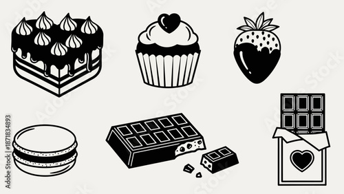 Assorted sweet treats including cakes, cupcakes, strawberries, chocolates, and cookies displayed on a clean background.