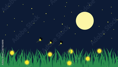 Fireflies glowing in the grass under a full moon and starry night sky.