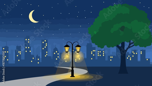 Serene Night Scene with City Skyline and Illuminated Pathway.