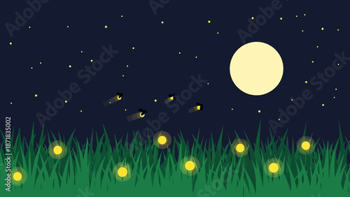 Fireflies glowing in the grass under a starry night sky with a full moon.