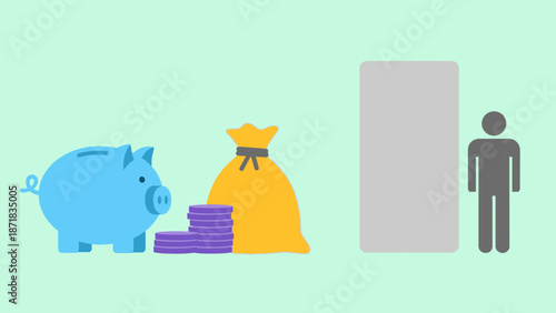 Saving money in piggy bank and cash bag for financial security.