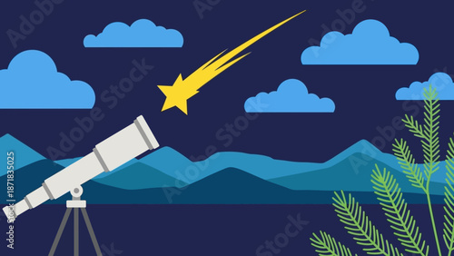 Telescope viewing a shooting star in the night sky.