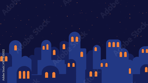 Cityscape at Night with Illuminated Buildings and Stars.