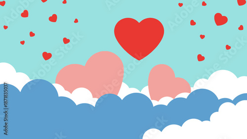 Whimsical cartoon illustration of hearts floating among clouds on a light blue background.
