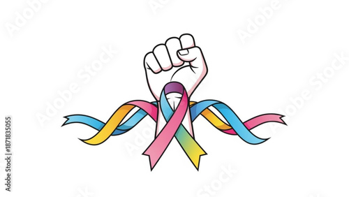Fist with Colorful Awareness Ribbons for Cancer Support and Solidarity