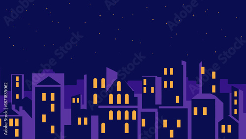 Cityscape at Night with Illuminated Buildings and Stars.