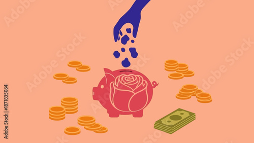 Saving money in a piggy bank with coins and cash.