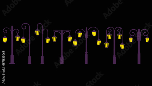 Purple street lamps with yellow lights on black background.