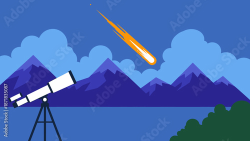 Telescope viewing a comet over mountains and lake.