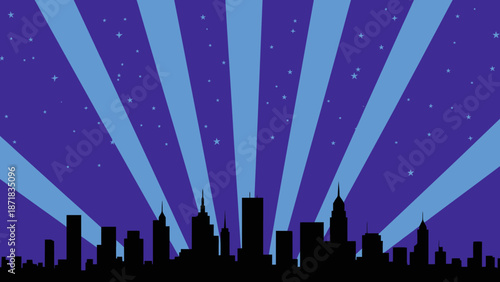 City skyline silhouette with spotlights against a starry night sky.