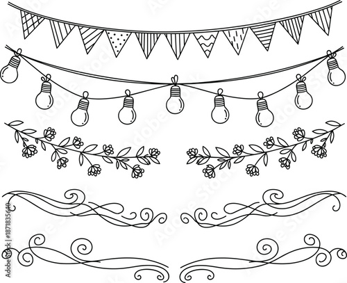 Hand drawn decorative border collection with festive bunting flags, string lights, floral vines, and swirly divider lines, vector illustration set.