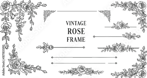 Vintage hand drawn rose flower frame and border set with elegant floral corners and decorative dividers for wedding invitation design