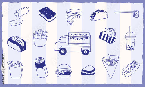 food truck elements hand drawn sketch vector illustration collection set