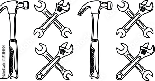 Hammer and wrench vector icons set, crossed spanner illustrations, adjustable wrench and claw hammer, workshop repair tools, maintenance and construction symbols icons
