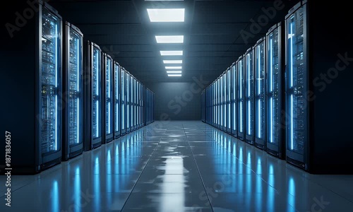 Illuminated server racks in a modern data center hallway with reflective flooring and overhead lighting creating a futuristic technological environment