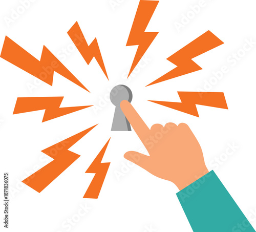 Hand pressing a keyhole with orange lightning alert rays, touch activation security icon for emergency access, click to unlock power trigger warning