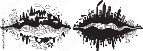 City and nature landscape illustration in black and white