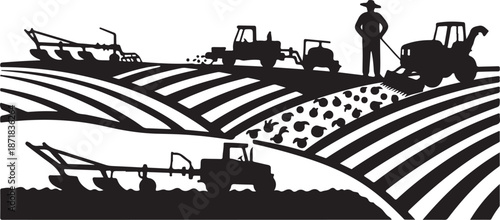 Agricultural scene with tractors and farmer in a field