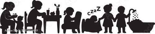 Silhouette of family daily life and routine activities