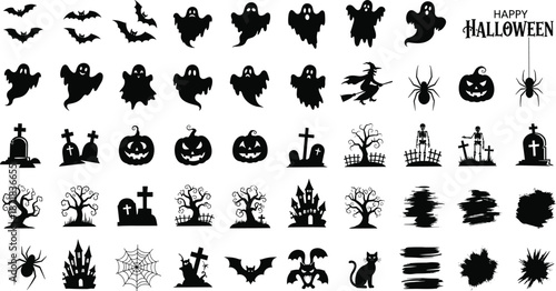 Halloween Silhouette Collection Vector Set with Scary Ghosts Bats Spooky Pumpkins Haunted Houses Spiders Witches Skeletons and Graveyard Icons CAD Drawing Flat Illustration