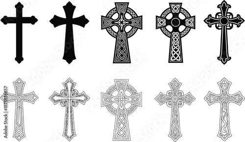 Christian cross symbols vector set featuring Celtic and ornamental designs, religious faith icons in black and white line art illustration collection