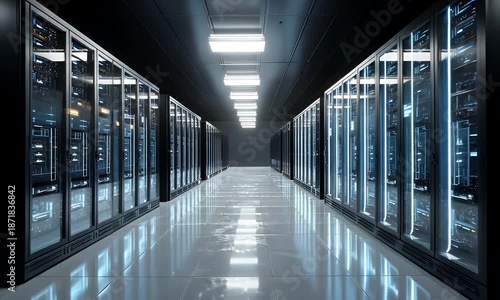 Modern data center server room with rows of illuminated racks and a reflective floor creating a futuristic and high tech environment for digital infrastructure and cloud computing