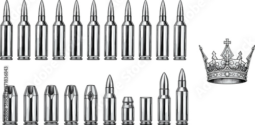 Detailed ammunition cartridge vector set featuring rifle and pistol bullets with metallic finish, weapon ammo collection and ballistic illustration elements