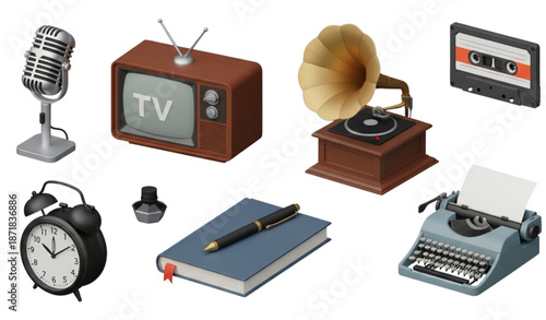 Classic retro technology 3D vector icon set isolated on white