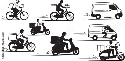 Delivery riders on motorcycles and bicycles with vehicles