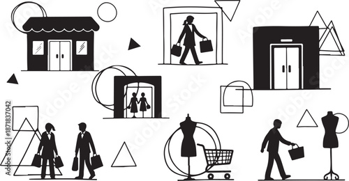 Shopping and fashion icons in minimalist black and white