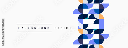 Abstract geometric pattern. Circles, squares create vertical design. Blue, orange hues dominate white background. Simple, modern aesthetic.