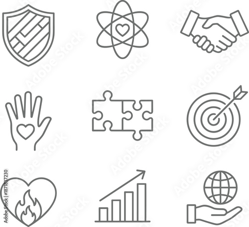 Core values icon set, protection, compassion, partnership, care, collaboration, goals, passion, growth, global responsibility - flat vector illustration