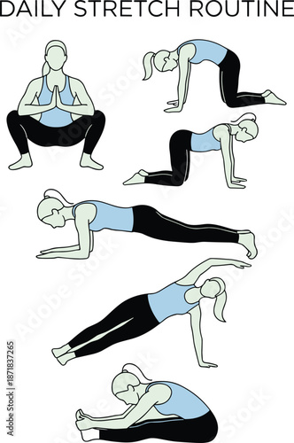 Daily stretch routine for flexibility, mobility exercises, full body warm-up, fitness poses, wellness activity guide, flat vector illustration