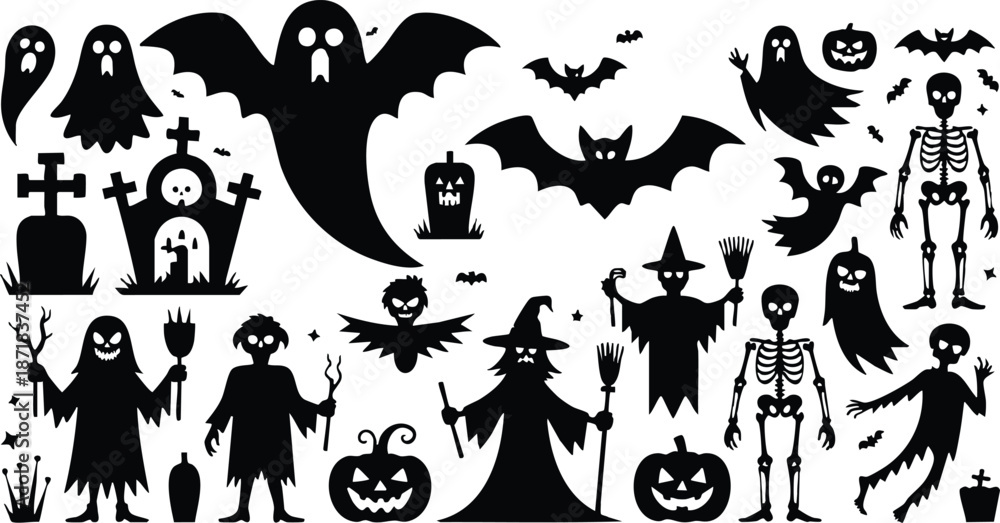 Fototapeta premium Spooky Halloween Character Silhouette Collection, Classic Horror Icon Graphics Set, Festive Gothic Element Illustrations, vector, illustration, silhouette