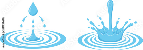 Blue water droplet and crown splash vector illustrations, concentric ripples, liquid splash elements, glossy water droplets and splash graphics for branding projects