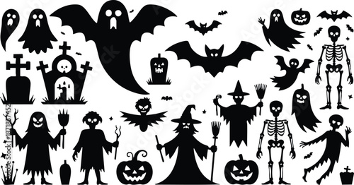 Spooky Halloween Character Silhouette Collection, Classic Horror Icon Graphics Set, Festive Gothic Element Illustrations, vector, illustration, silhouette