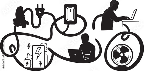 Silhouettes of people using electronic devices and power connections