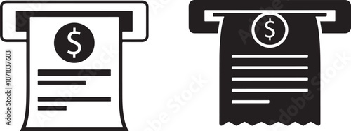 ATM Receipt Icon Vector Set - Outline and Silhouette Banking Transaction Proof Graphic