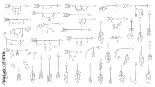 Collection of unique hand drawn arrows with feathers and beads on white