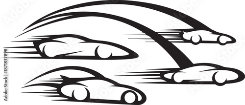 Speeding cars racing on a curved road track