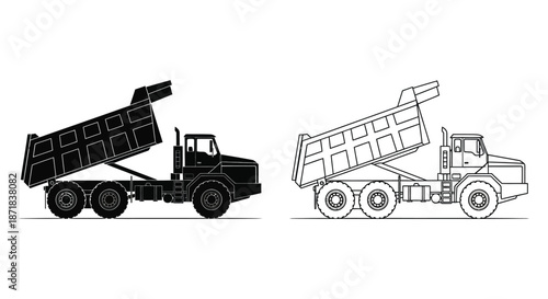 Two heavy duty dump trucks illustrated in black and white line art style