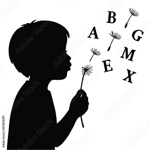 Silhouette of Boy Blowing Dandelion with Alphabet Letters Representing Literacy and Learning