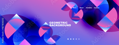 Abstract geometric design. Vibrant pinks, blues create modern background. Navigation menu present, dots indicate sections.