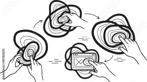 Hands interacting with swirling vortex and digital device