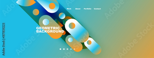 Abstract geometric background features vibrant circles, gradients. Text displays website navigation work, about, portfolio, contact.