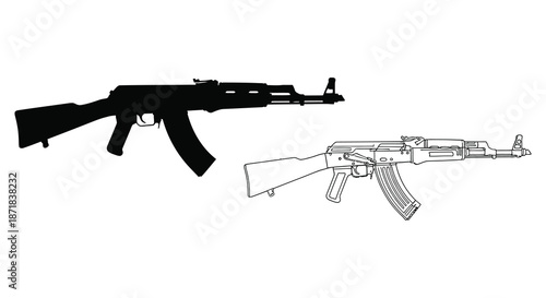 Black and white illustration depicting an ak 47 assault rifle in two views