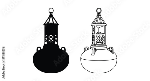 Black and white illustration of two navigational buoys with distinct designs
