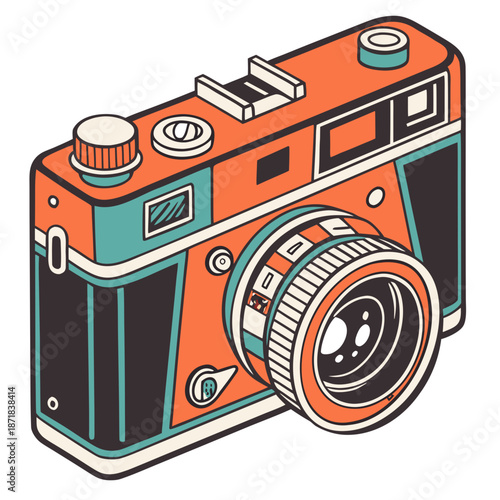 A colorful illustration of a vintage camera in orange and teal hues on a clean white background.