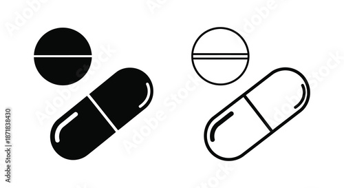 Black and white illustration of various pharmaceutical pill and capsule shapes