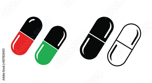 Illustration of assorted capsules red green black and an empty shell